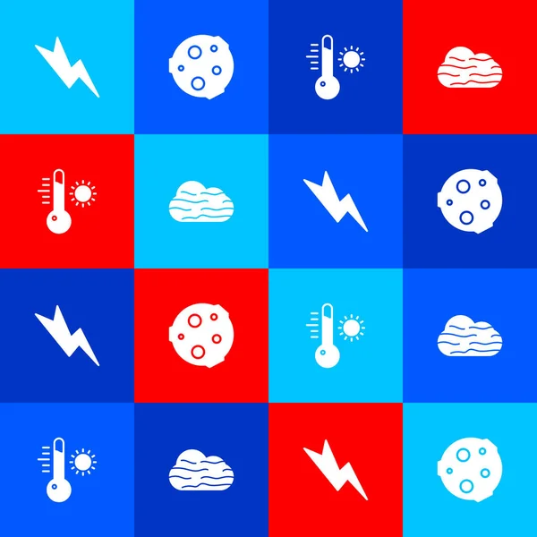 Set Lightning bolt, Moon, Meteorology thermometer and Fog and cloud icon. Vector — Stock Vector