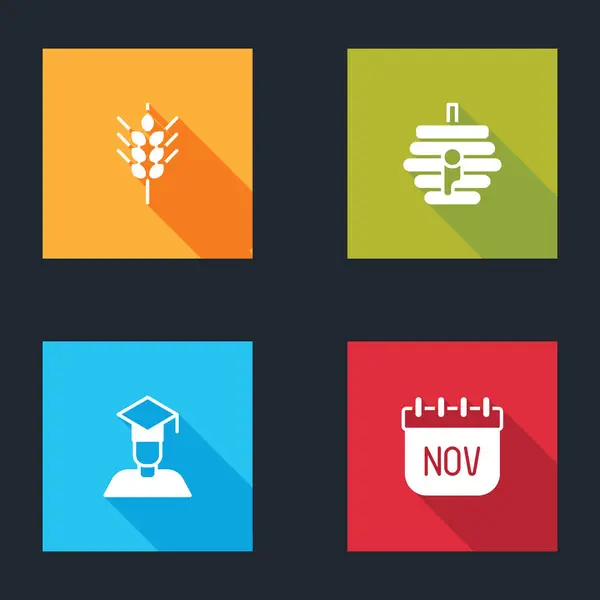 Set Wheat, Hive for bees, Graduate and graduation cap and November calendar autumn icon. Vector —  Vetores de Stock