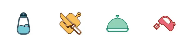 Set Salt, Cutting board and knife, Covered with tray of food and Electric mixer icon. Vector — Stockvektor