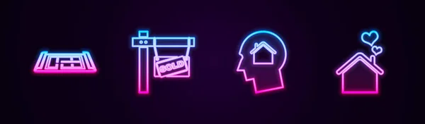 Set line House plan, Hanging sign with Sold, Man dreaming about buying house and heart shape. Glowing neon icon. Vector — Wektor stockowy