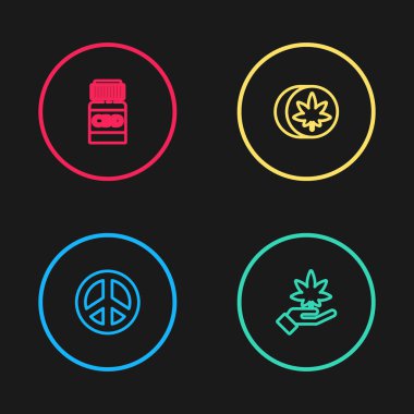 Barış, marihuana ya da kenevir yaprağı, bitkisel ecstasy tabletleri ve ikonlu tıbbi şişe. Vektör