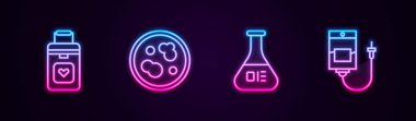 Hat Organ kabı, bakterili Petri kabı, test tüpü, matara ve serum torbası. Parlayan neon ikonu. Vektör