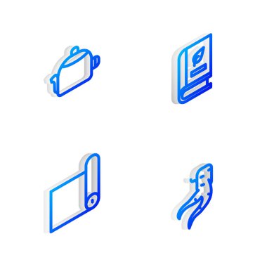 Isometric Line Tıp Kitabı, saplı Kettle, paspas rulosu ve zencefil kökü ikonu. Vektör