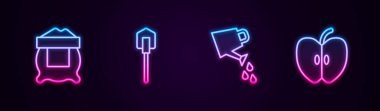 Sıra halinde un, kürek, su kovası ve elma. Parlayan neon ikonu. Vektör