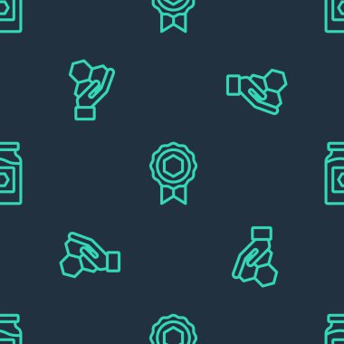 Çizgi Bal Madalyası, bal peteği ve el ve bal kavanozu kusursuz desenli. Vektör