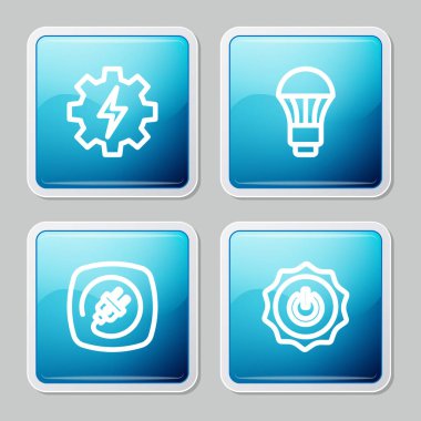 Dişlileri ve şimşeği ayarla, LED ampulü, elektrik prizi ve güç düğmesi simgesi. Vektör