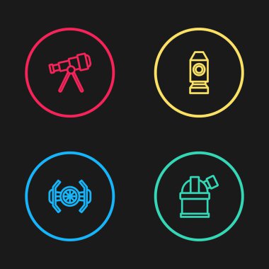 Kozmik gemi, Astronomik Gözlemevi, Roket ve Teleskop ikonu. Vektör