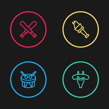 Davul ve bagetleri dizin, sosis çatalda, meşale alevi ve çapraz beyzbol sopası ikonu. Vektör