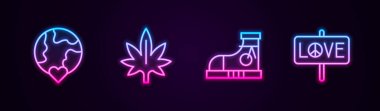 Aşk, marihuana, spor ayakkabıları ve barış. Parlayan neon ikonu. Vektör