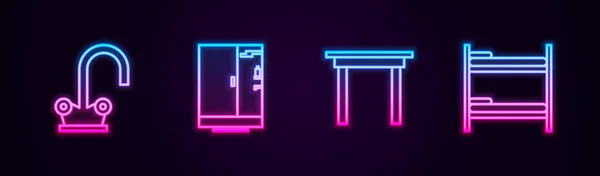 Set line Water tap, Shower cabin, Wooden table and Bunk bed. Glowing neon icon. Vector — стоковый вектор