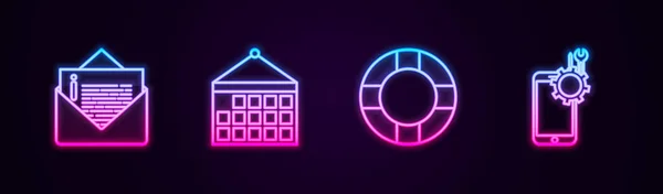 Hat Zarfı, Takvim, Lifebuoy ve Mobil Servisi. Parlayan neon ikonu. Vektör — Stok Vektör