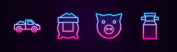 Set line Pickup truck, Bag of flour, Pig and Can container for milk. Glowing neon icon. Vector — Stock Vector
