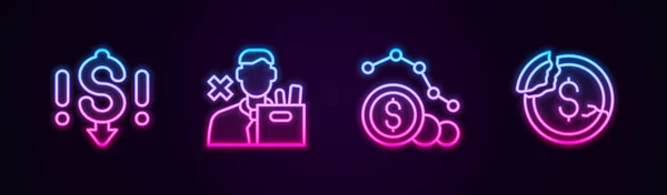 Set line Dollar rate decrease, Employee dismissal, and . Glowing neon icon. Vector — Wektor stockowy