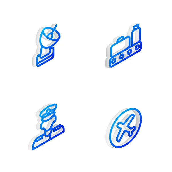 Set Isometric line Conveyor belt with suitcase, Radar, Pilot and Plane icon. Vector — Stock Vector