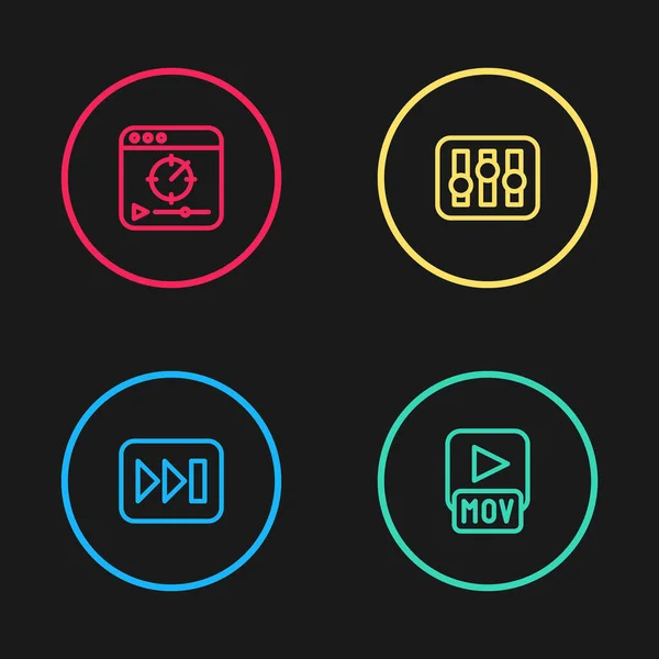 Set line Fast forward, MOV file, Sound mixer controller and Online play video icon. Vector — стоковый вектор