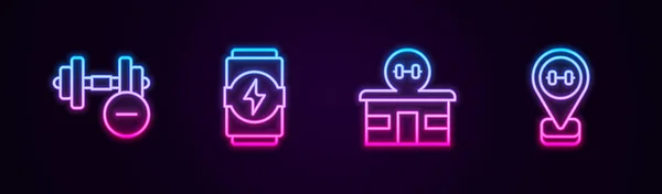 Set line Dumbbell, Energy drink, Gym building and Location gym. Glowing neon icon. Vector — Stockvektor