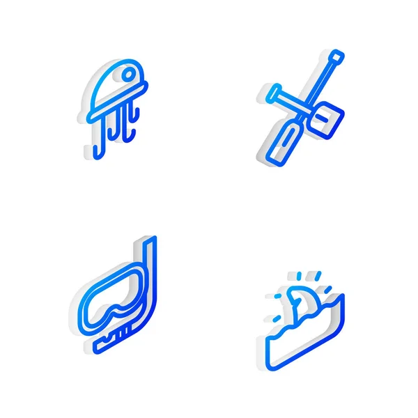 Set Isometric line Paddle, Jellyfish, Diving mask and snorkel and Shark fin ocean wave icon. Vector — Stockový vektor