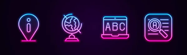Set line Information, Earth globe, Foreign language online study and Translator. Glowing neon icon. Vector — Wektor stockowy