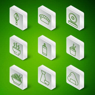 Sıra Suşi, Çin çay töreni, Yin Yang, Havai fişek, Asya erişte kasesi, karton kutu ve yemek çubuğu ikonu. Vektör