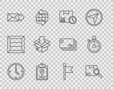 Hat hızlı dağıtım, arama paketi, karton kutu ve hızlı, Belge izleme işaretleme sistemi, Zarf, trafik sembolü, konum ve simge ile ayarlayın. Vektör