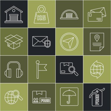 Free, Worldwide, Document takip işaretleme sistemi, Hangar, Zarf kalkanı, Karton karton kutu, Depo ve şehir haritası yön bulma simgesi bilgileriyle Price etiketini ayarlayın. Vektör