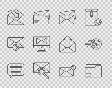 Konuşma baloncuğu sohbetini, belge klasörünü, zarfı, büyüteç, monitör ve zarfı ve e- posta simgesini ayarlayın. Vektör