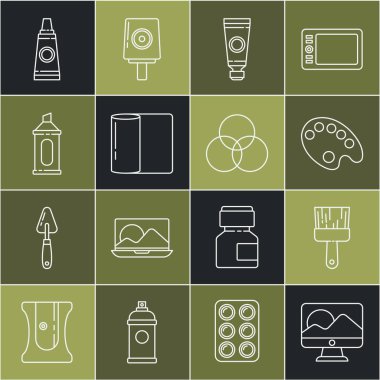 Satır bilgisayar monitörü ekranı, boya fırçası, palet, palet, boya paleti, kağıt havlu rulosu, işaret kalemi ve RGB ve CMYK renk karıştırma simgesini ayarla. Vektör