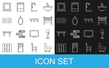 Hat koltuğu, zemin lambası, bebek karyolası beşik yatak, duş, ayna, elektrik prizi, ışıklandırmalı makyaj aynası, yol gösterici ve lamba ikonu. Vektör