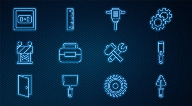 Hat Trowel, Rasp metal dosyası, elektrikli döner çekiç matkabı, Alet kutusu, yol bariyeri, elektrik prizi, çekiç, anahtar anahtarı ve cetvel simgesi. Vektör