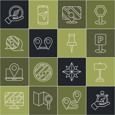 Pusulayı, trafik işaretini, park yerini, şehir haritasının bilgilerini, güzergahı ve pin simgesini ayarla. Vektör