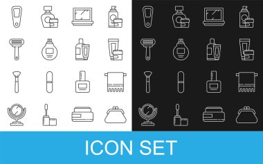 Debriyaj çantası, havlu, krem ya da losyon kozmetik tüpü, aynalı makyaj tozu, parfüm, tıraş bıçağı, el ve ikon. Vektör