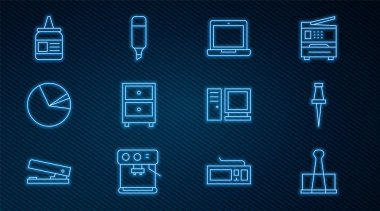 Satır Binder klipsi, Push pin, Laptop, belgeli çekmece, Pie grafik bilgisi, Yapıştırıcı, Bilgisayar monitörü ve İşaretleyici kalem simgesini ayarla. Vektör