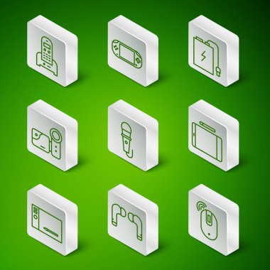 Kablosuz bilgisayar faresi, hava kulaklıkları, telefon, mikrofon, sinema kamerası, taşınabilir video oyun konsolu, grafiksel tablet ve simge ayarla. Vektör
