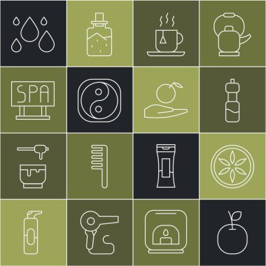 Set hattı Apple, Yaprak bitkisi, bir şişe su, çay poşetli fincan çay, Yin Yang, Spa salonu tabelası, su damlası ve el resmi. Vektör