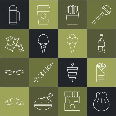Kesme tahtasında Khinkali, Doner kebabı, bir şişe su, patates kızartması kutusu, dondurma külahı, Candy, termos kabı ve ikon. Vektör