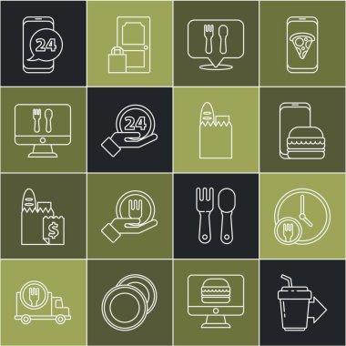 Hat kahve fincanını hazır et, saat başı teslimat, çevrimiçi sipariş ver, kafe restoranının yeri, saat 24, yiyecek ve alışveriş poşeti ikonu. Vektör