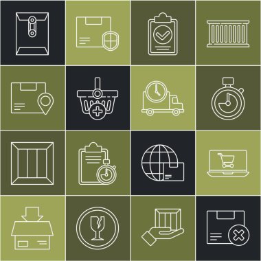 Karton karton kutu ve silme, alışveriş arabası dizüstü bilgisayarı, Stopwatch, dağıtım listesi panosunun doğrulanması, sepet ekle, konum belirle, Envelope ve Lojistik kamyon saat simgesi. Vektör
