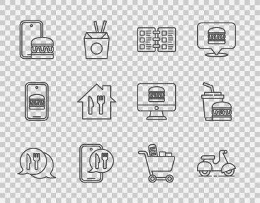 Set hattı, kafe ve restoran yeri, Scooter teslimatı, restoran kafe menüsü, online sipariş, alışveriş arabası yemeği ve kağıt cam burger ikonu. Vektör