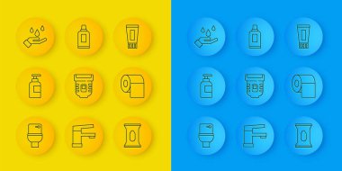 Hat hattı klozet, şampuan şişesi, Epilatör, ıslak mendil, kağıt rulo, sabunla el yıkama, tüp diş macunu ve temizlik malzemesi ikonu. Vektör