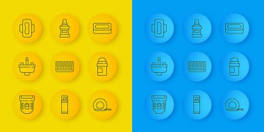 Hat Epilatörü, su musluğu, saç fırçası, diş ipi, terleme önleyici deodorant rulo, hijyenik peçete, sabun çubuğu ve ağız yıkama şişesi ikonu. Vektör