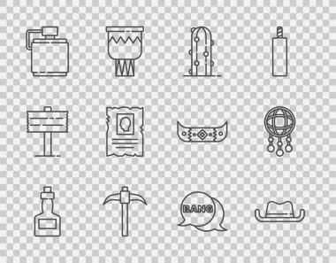 Tabasco sosu, kovboy şapkası, Kaktüs, Kazma, Kantin su şişesi aranıyor batı posteri, Bang boom, silah çizgi romanı ve tüylü düş kapanı. Vektör