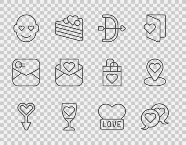 Set line Female gender symbol, Heart in speech bubble, Bow and arrow, Glass of champagne, Romantic man, Envelope with Valentine heart, and Location icon. Vector — ストックベクタ