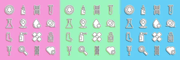 Set line Heart with a cross, Bottle of medicine syrup, Dialogue the doctor, DNA symbol, Map pointer hospital, Test tube and flask, Medical Emergency and Donate drop blood icon. Vector — Stockvektor