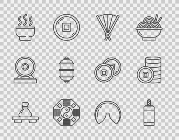 Set line Dumpling on cutting board, Firework, Paper chinese folding fan, Yin Yang, Chinese tea ceremony, paper lantern, fortune cookie and Yuan currency icon. Vector —  Vetores de Stock