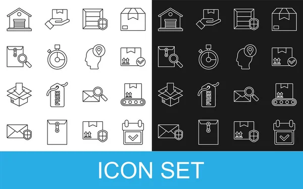 Set line Calendar with check mark, Conveyor belt cardboard box, Package, Delivery pack security shield, Fast time delivery, Envelope magnifying glass, Warehouse and man boxes icon. Vector — Image vectorielle