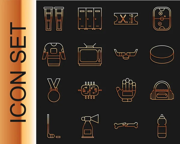 Set line Fitness shaker, Sport bag, Hockey puck, sports ticket, Retro tv, jersey, Crutch crutches and Ice hockey sticks and icon. Vector — Image vectorielle