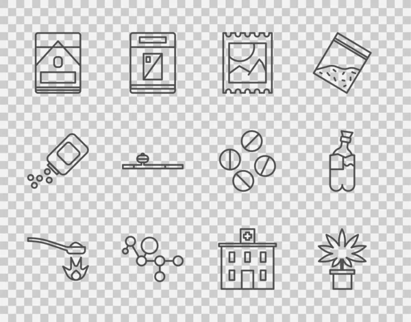 Set line Heroin in a spoon, Marijuana or cannabis plant pot, LSD acid mark, Cannabis molecule, Cigarettes pack box, Opium pipe, Medical hospital building and Bong for smoking marijuana icon. Vector — 스톡 벡터