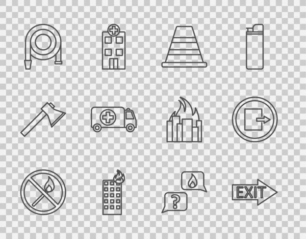 Set line No fire match, Fire exit, Traffic cone, in burning building, hose reel, Ambulance and emergency car, Phone with call 911 and icon. Vector — 스톡 벡터