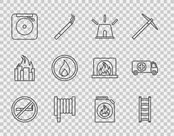 Set line No Smoking, Fire escape, Flasher siren, hose reel, Ringing alarm bell, flame, Canister for flammable liquids and Ambulance and emergency car icon. Vector — Image vectorielle