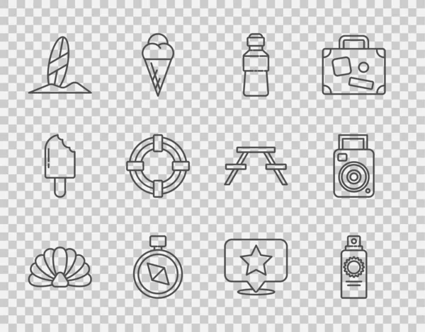 Set line Scallop sea shell, Sunscreen spray bottle, Bottle of water, Compass, Surfboard, Lifebuoy, Map pointer with star and Photo camera icon. Vector — Stockový vektor